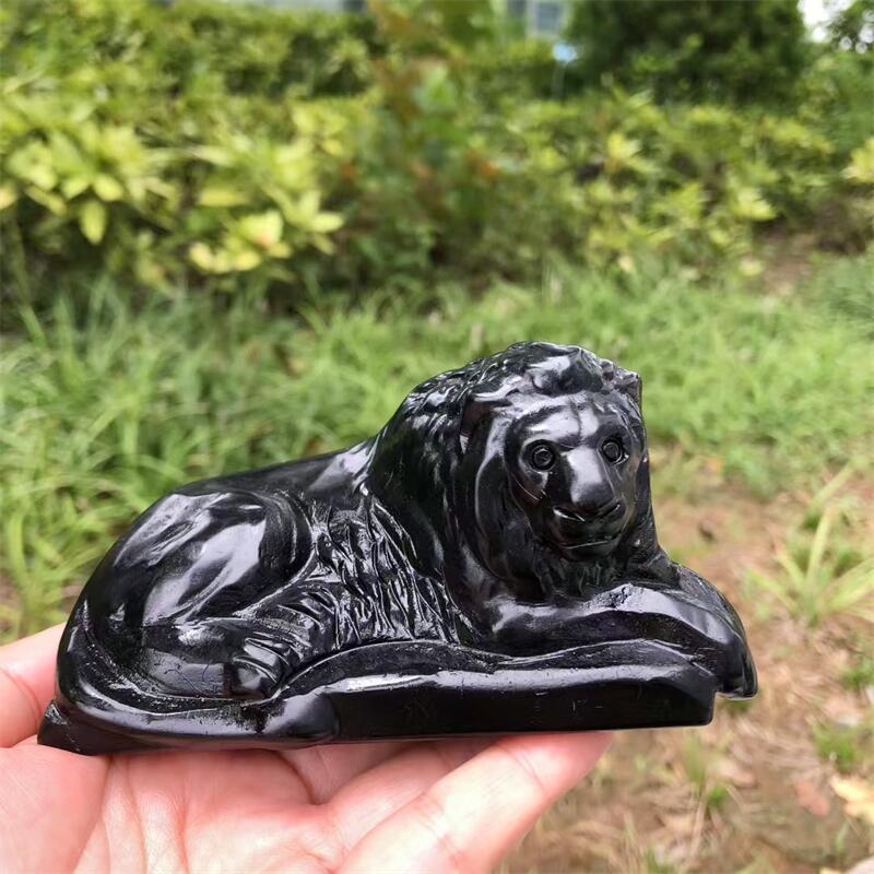 Art Craft Lion - ナチュラルブラック黒曜石ライオン彫刻装飾ヒーリングクリスタルレイキ置物宝石動物装飾品クラフトギフト 1 個