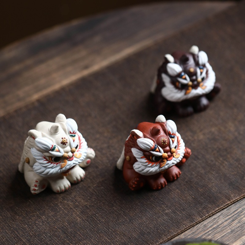 Art Craft Lion - 紫粘土覚醒獅子茶器手作りセラミック幸運の獅子置物クリエイティブテーブルデコレーションデスククラフトセレモニーアートアクセサリー