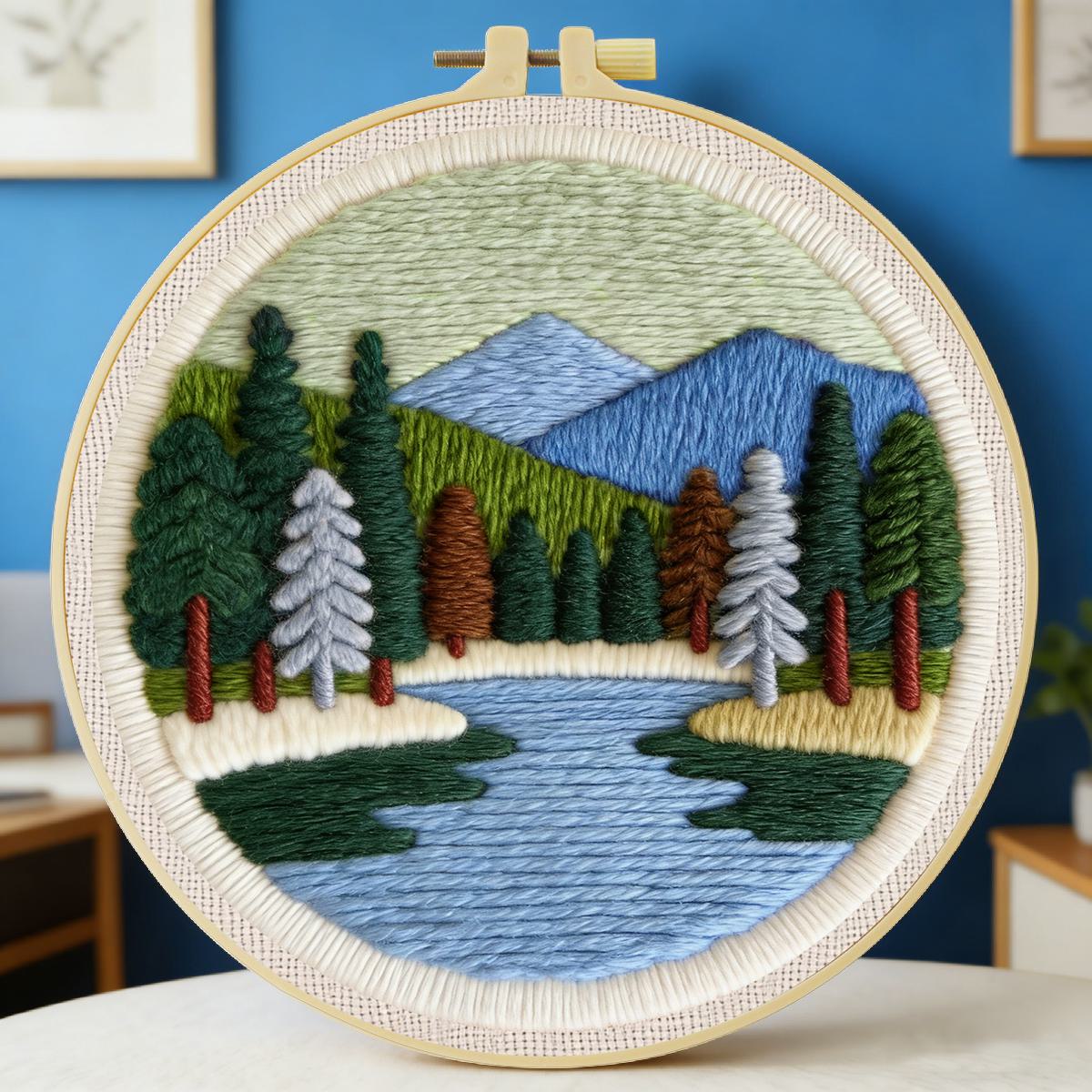 Punch Needle Kit - 20X20CM/7.87インチ 風景画 パンチニードル刺繍セットキット ステッチ刺繍 ニット刺繍 DIY