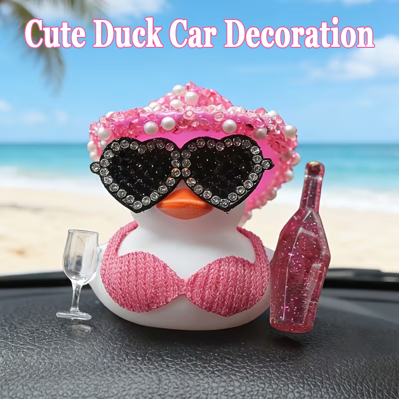 Art Craft Glasses - おしゃれで光沢のある小さな黒いアヒル、車のセンターコンソール装飾、ダイヤモンドがちりばめられたメガネ、リッチダックシリーズ