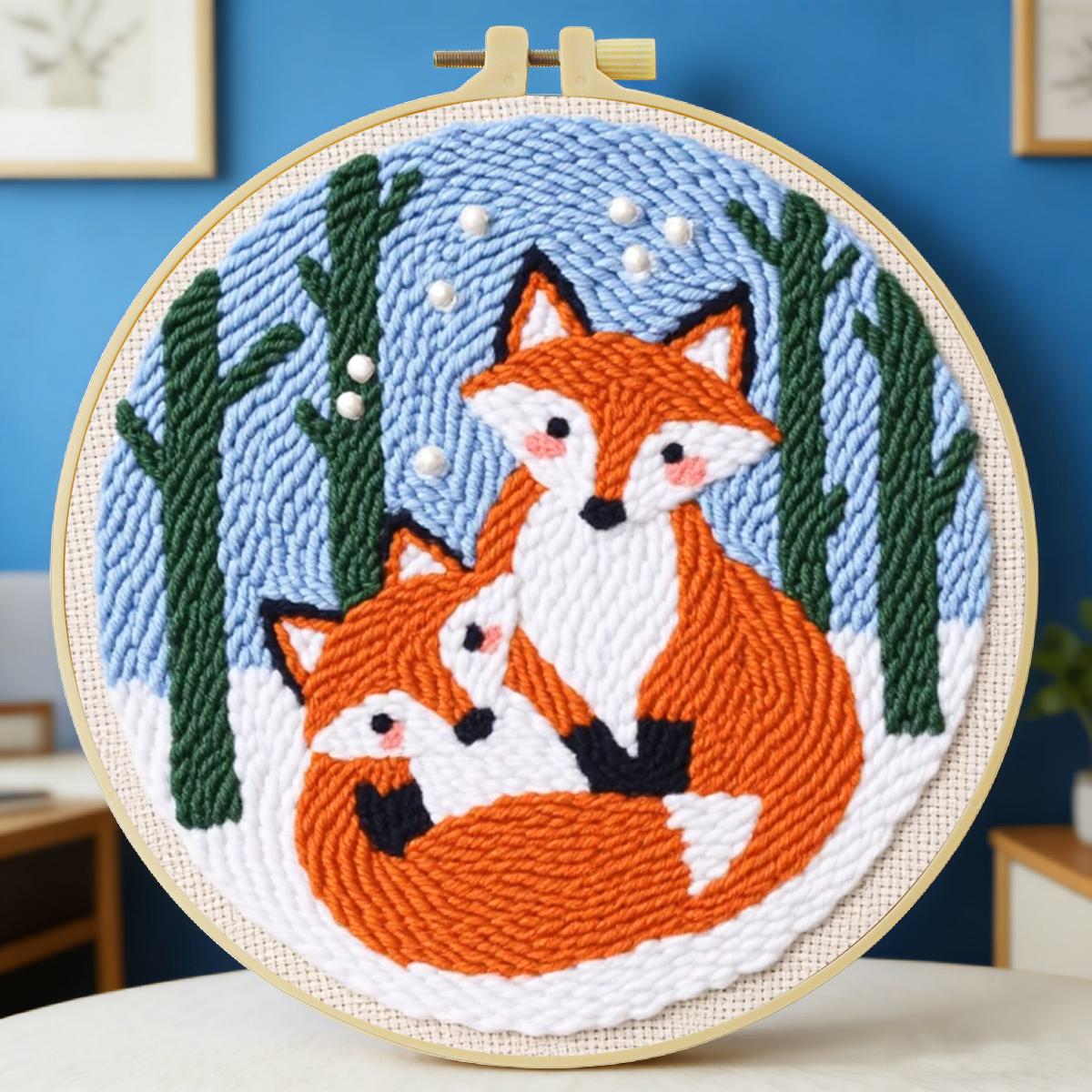 Punch Needle Kit - 20X20CM/7.87インチ 動物 - キツネ パンチニードル刺繍セットキット ステッチ刺繍