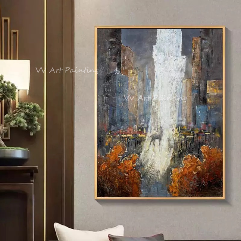 Painting Knife Palette - 手描きのインパスト都市風景油絵、パレットナイフによる都市の鹿の絵画、超現実的なモダンな縦型テクスチャ壁飾り